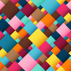 Abstract Geometric Seamless Pattern of Blue, Brown, Orange, Pink, Yellow Squares.