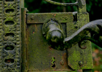 Detail of an antique rusty metal gate to abandoned structure, door handle covered with green moss....