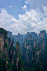Zhangjiajie Cliff Mountains - National Forest Park Landscape in China.  Dark Avatar Mountains. Mysterious and gloomy cliffs. 