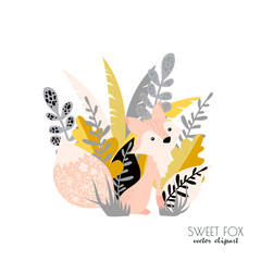 Vector lovely cute illustration with fox and flowers around.