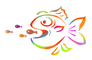 Predator eats predator. Hungry evil fish. big multicolored fish eat small fish. Vector illustration.