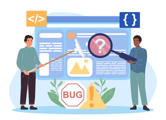 Two male characters are getting rid of software bug. Men are looking for a software bug and wiping it off from a web board with a mop. Flat cartoon vector illustration