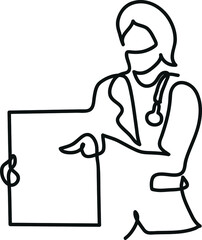 One line drawing of nurse in protective face mask.
One continuous line drawing of empty magnetic board and doctor.
