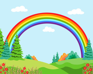 Vector flat illustration of wood and rainbow