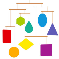 Mobile sculpture with colorful shapes hanging balanced on cords and wooden rods. Isolated vector illustration on white background.
