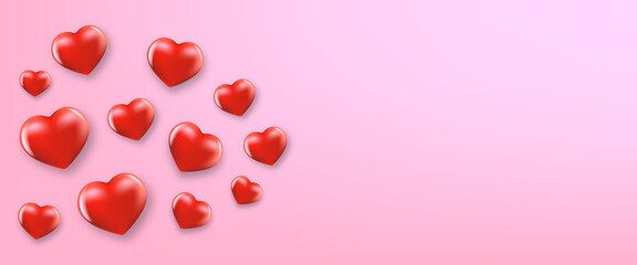 vector valentines day horizontal banner or background with red vector realistic hearts isolated on soft pink paper background