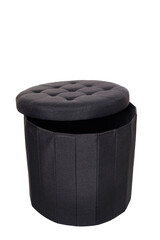 Round foldable black storage basket with open lid, storage box and stool on white background