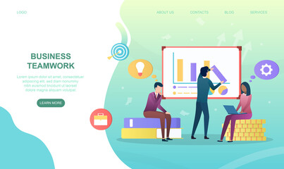 Male and female characters are working together in team. Concept of successful business teamwork. Working with infographics. Website, web page, landing page template. Flat cartoon vector illustration