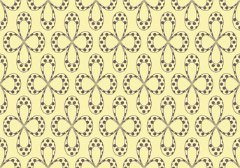 Geametric creative seamless pattern. Four leaves flower shape with dots in grey color. Light yellow background is easy to change