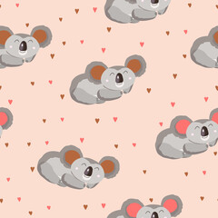 Seamless pattern with cute koala baby and hearts on color background. Funny australian animals. Card, postcards for kids. Flat vector illustration for fabric, textile, wallpaper, poster, paper