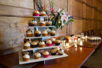 Beautiful Colorful Sweet Wedding Cake Cupcake Decor Closeup Image at Event Space