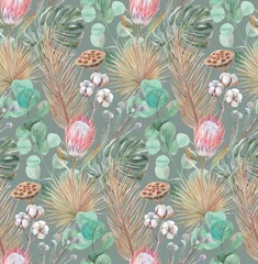 Deurstickers watercolor boho pattern with tropical dried flowers and palm and monstera leaves on a green background for textiles and surface design © Марина Воюш