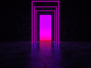 A glowing purple portal in a dark space. Reflected in a glossy floor. 3D Render.