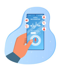 Hand holding smartphone with voice recognition interface. Concept of voice recognition mobile application. Microphone and soundwave. Flat cartoon vector illustration