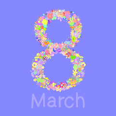 March 8. Floral lettering. Symbol and inscription for the women's holiday. Vector illustration for cards, invitations, celebration. 