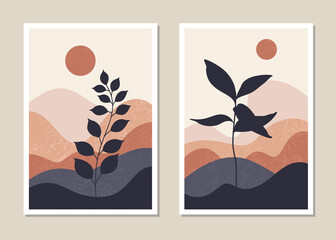 Art landscape wall set. Abstract landscape design for covers, posters, prints, wall art in a minimalist style. Vector.
