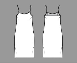 Camisole dress technical fashion illustration with scoop neck, straps, knee length, oversized body, Pencil fullness. Flat apparel template front, back, white, grey color. Women, men, unisex CAD mockup