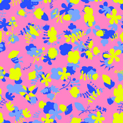 Fototapeta na wymiar Seamless pattern with colorful spring flowers. yellow, blue, pink colors.