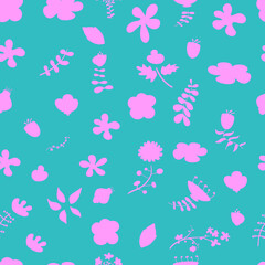 Seamless pattern with pink, purple flowers on a cyan, blue background.