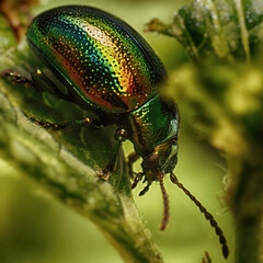 Green shiny beetle on stem of grass.