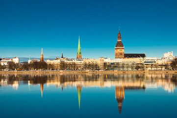 Fototapeta premium riga. in the photo, a panorama of the city against the blue sky