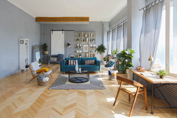 elegant creative modern trendy interior of a spacious open plan Scandinavian style studio with seating and sleeping areas