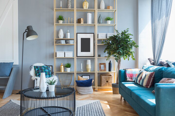 elegant creative modern trendy interior of a spacious open plan Scandinavian style studio with seating and sleeping areas