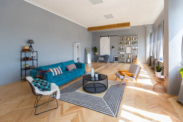 elegant creative modern trendy interior of a spacious open plan Scandinavian style studio with seating and sleeping areas
