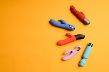 Flat Lay, sex shop concept. Top view of masturbation massagers, dildos, vibrators and devices for...