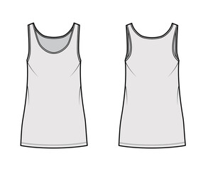 Tank dress technical fashion illustration with scoop neck, straps, mini length, oversized body, Pencil fullness. Flat apparel template front, back, grey color. Women, men, unisex CAD mockup