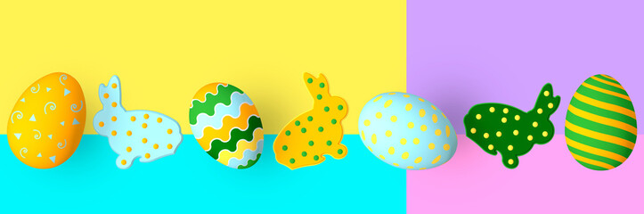 Easter eggs and easter bunnies on a colorful background