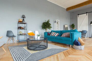 elegant creative modern trendy interior of a spacious open plan Scandinavian style studio with seating and sleeping areas