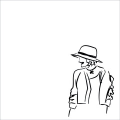 girl in a hat, fashion. young girl profile. black and white image. line hand draw. sketch, doodle. print for clothes. looks fashionable.  arrogant woman. vector eps 10