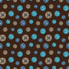 Watercolor various color and size Buttons Seamless Pattern. Colorful turquoise blue brown sewing supplies. Hand drawn background for seamstress, hobby blog design, package, wrapping paper, textile