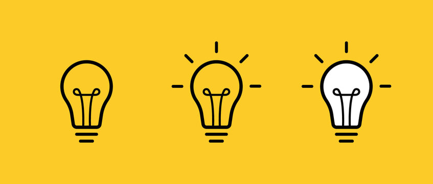 Creative idea. Set of standing light bulbs. Light with rays isolated on yellow background. Vector illustration