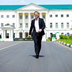 Full length portrait of a young businessman walking down the road