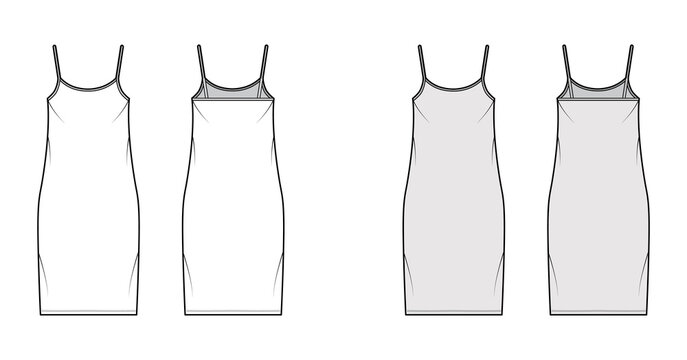 Camisole dress technical fashion illustration with scoop neck, straps, knee length, oversized body, Pencil fullness. Flat apparel template front, back, white, grey color. Women, men, unisex CAD mockup