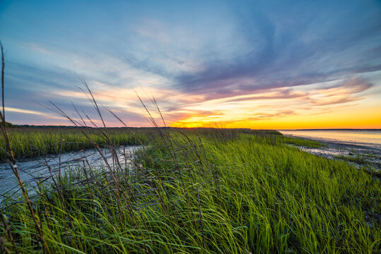 Sunset over the marsh with colorful sky