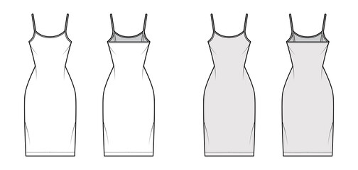 Camisole dress technical fashion illustration with scoop neck, straps, knee length, fitted body, Pencil fullness. Flat apparel template front, back, white, grey color. Women, men, unisex CAD mockup