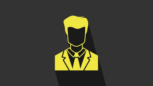 Yellow User of man in business suit icon isolated on grey background. Business avatar symbol - user profile icon. Male user sign. 4K Video motion graphic animation