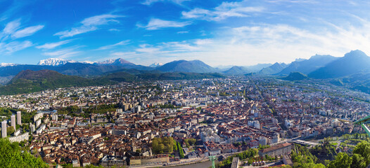 Grenoble, city panorama, mesmerizing views of the city and the Alps from the observation deck, France, spring.