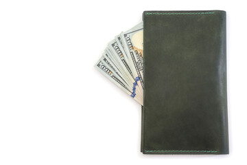 leather wallet and US dollars isolated on white background. Copy space.