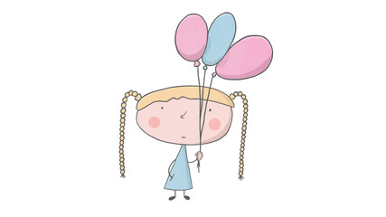 Happy girl with balloons. Hand drawn illustration