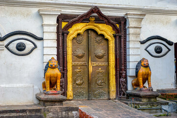 Nepal, Kathmandu, temple entrance door at the funeral ceremony place  in Pashupatinath.