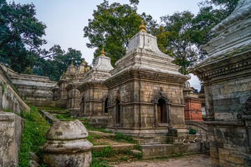 Nepal, Kathmandu, small temples at the funeral ceremony place  in Pashupatinath. 