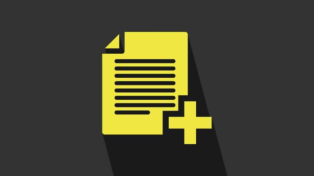 Yellow Add new file icon isolated on grey background. Copy document icon. 4K Video motion graphic animation