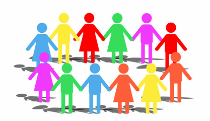 Drawing of little men painted in the colors of the rainbow stand in a circle holding hands.The LGBT community.