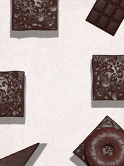 3d render flat lay scene..Totally Chocolate sweet set on white textured  background. Choco lover concept. Minimalistic creative food style art.