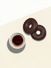 3d render flat lay scene..Chocolate donuts and coffee cup on white textured background. Stylish breakfast. Minimalist creative food art.