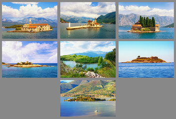Montenegro. Seven islets of Kotor Bay: Island of the Merciful Virgin; Our Lady of the Rocks; Island of St. George; Mala Gospa; Stradioti; Mamula; Island of Flowers. Collage